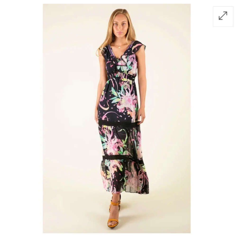 Hale Bob Black and Pink V-Neck Maxi Dress with Flutter Cap Sleeves